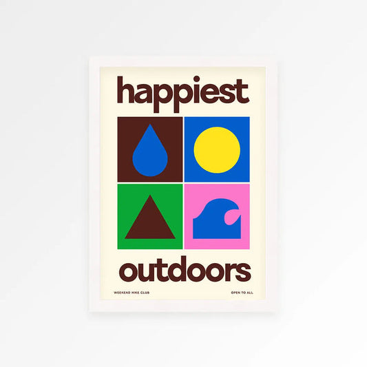 A3 Print with 'happiest outdoors' text and colorful geometric shapes