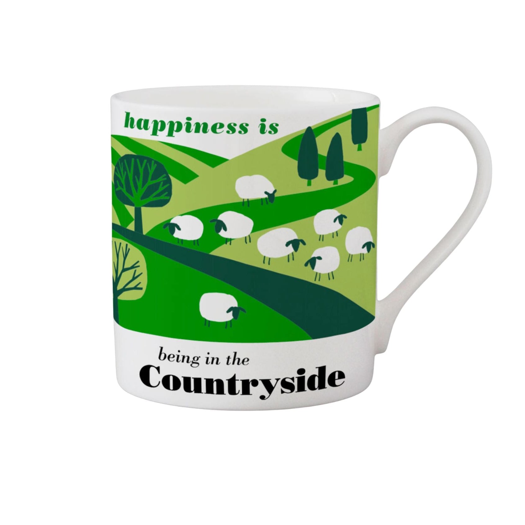 A white ceramic mug featuring a green countryside illustration with sheep, trees, and the text 'happiness is being in the Countryside'.