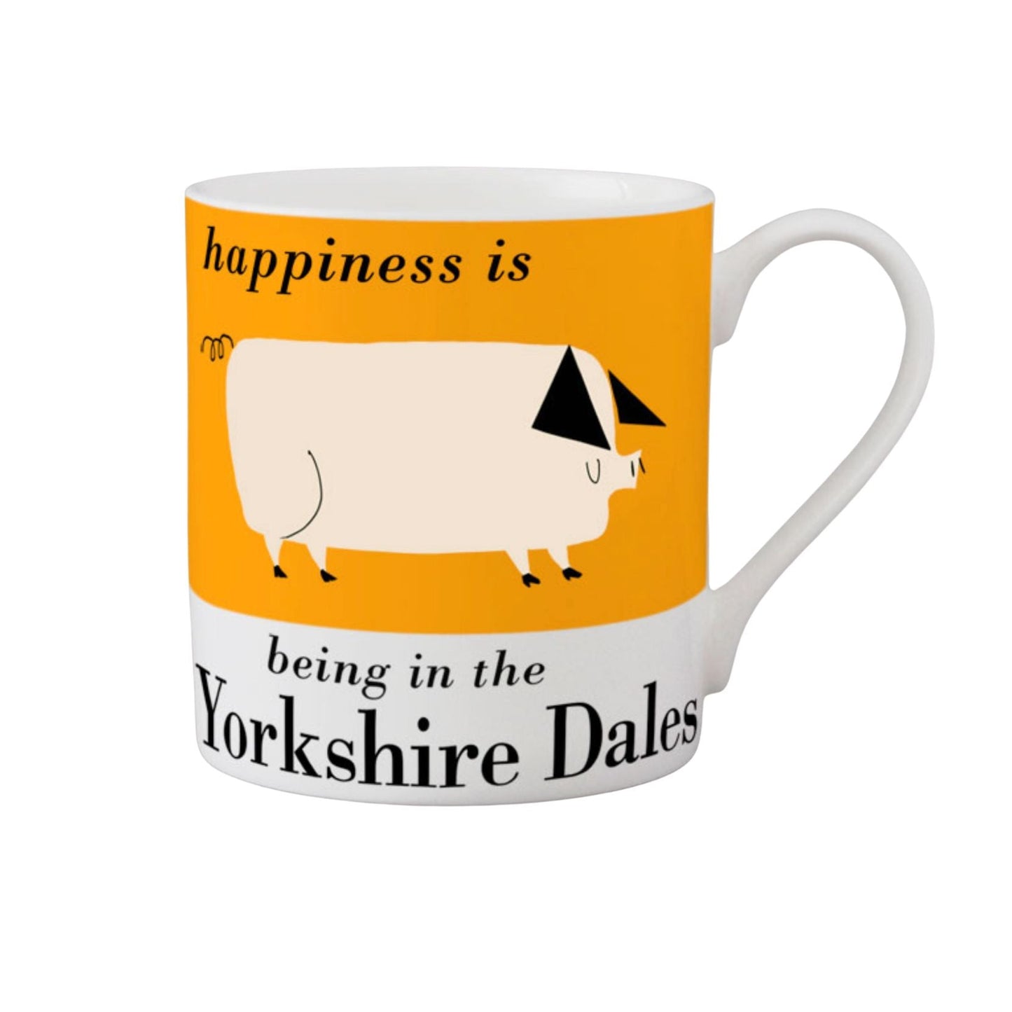 A white ceramic mug featuring a yellow-orange band with a stylized cow illustration and the text 'happiness is being in the Yorkshire Dales'.