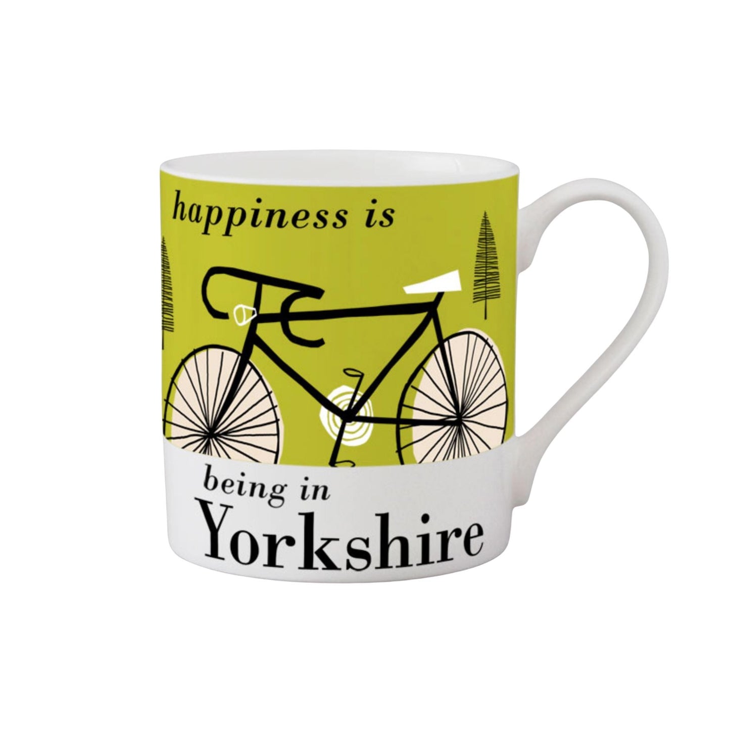 A white ceramic mug featuring a lime green graphic with a black bicycle illustration and the text 'happiness is being in Yorkshire'.