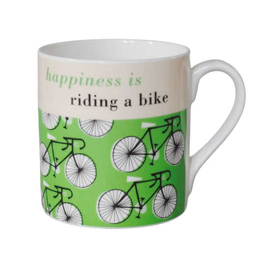 Mug with bicycle design and text 'happiness is riding a bike' on a white background