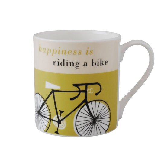 Mug with bicycle design and text 'happiness is riding a bike' on a white background