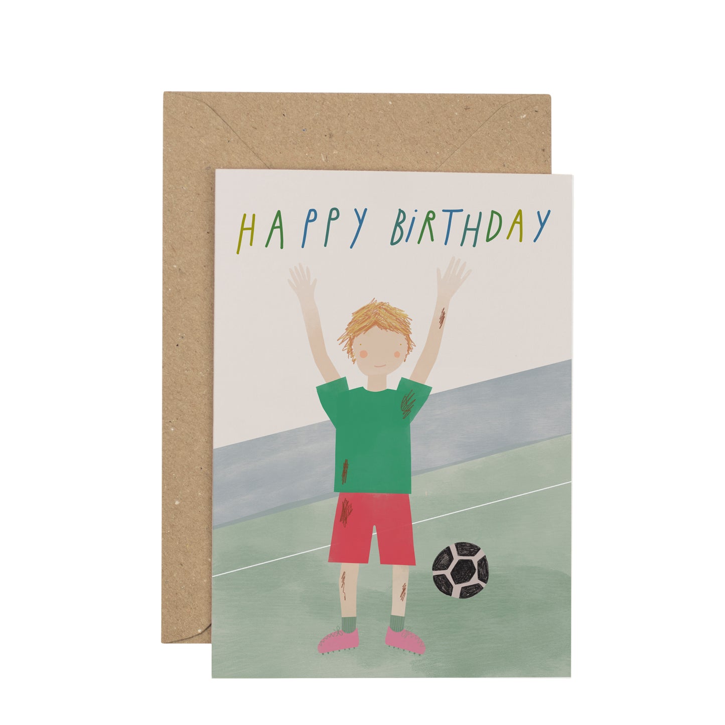 Birthday card with illustration of a child playing football on a white background