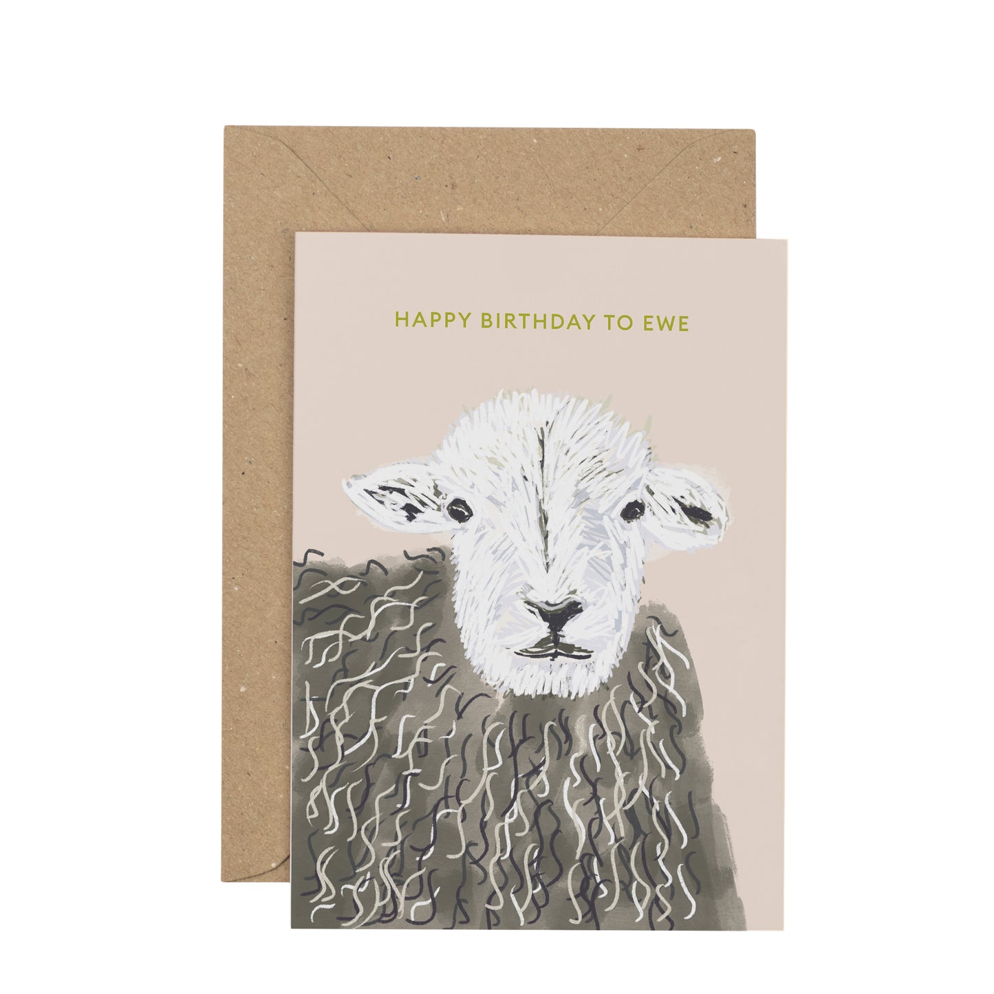 Greeting card with a sheep illustration and 'Happy Birthday to Ewe' text on a beige background.