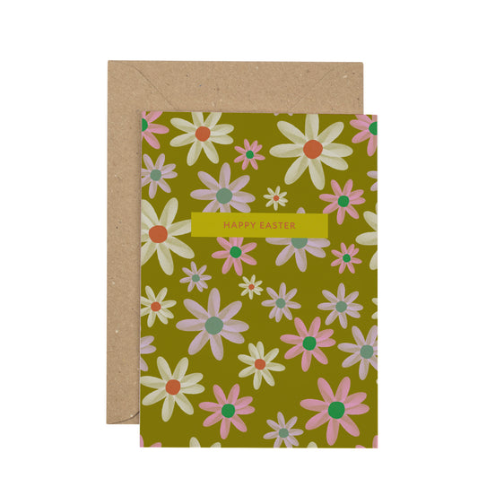 Greeting card with floral pattern and 'Happy Easter' text on a white background
