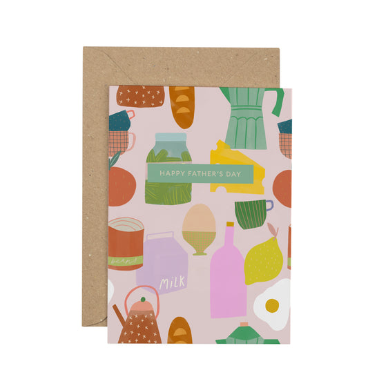 Greeting card with food-themed illustrations and 'Happy Father's Day' text on a white background.
