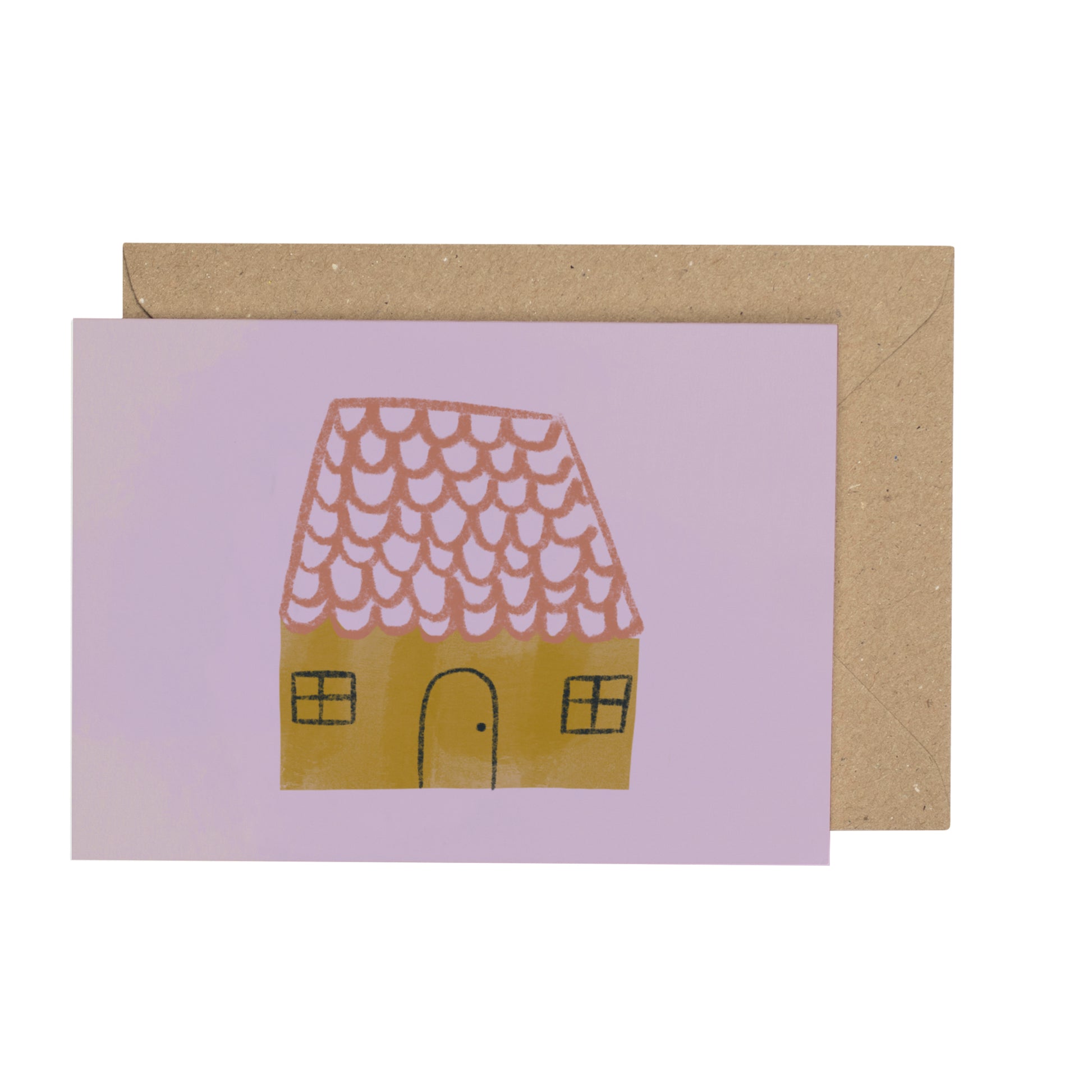 Card with a house illustration on a purple background, featuring a brown envelope.