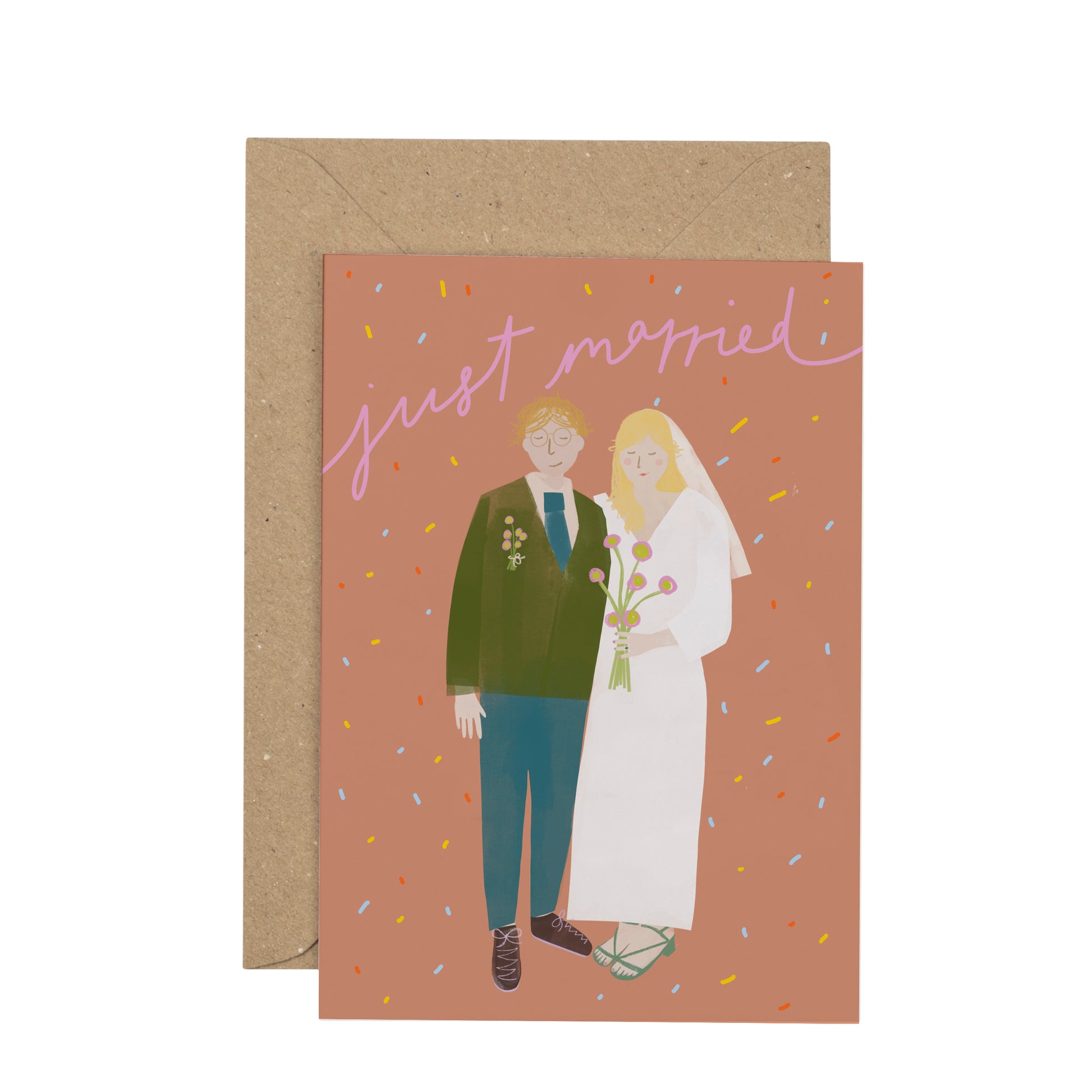 Greeting card with illustration of a bride and groom and 'just married' text on a brown background.