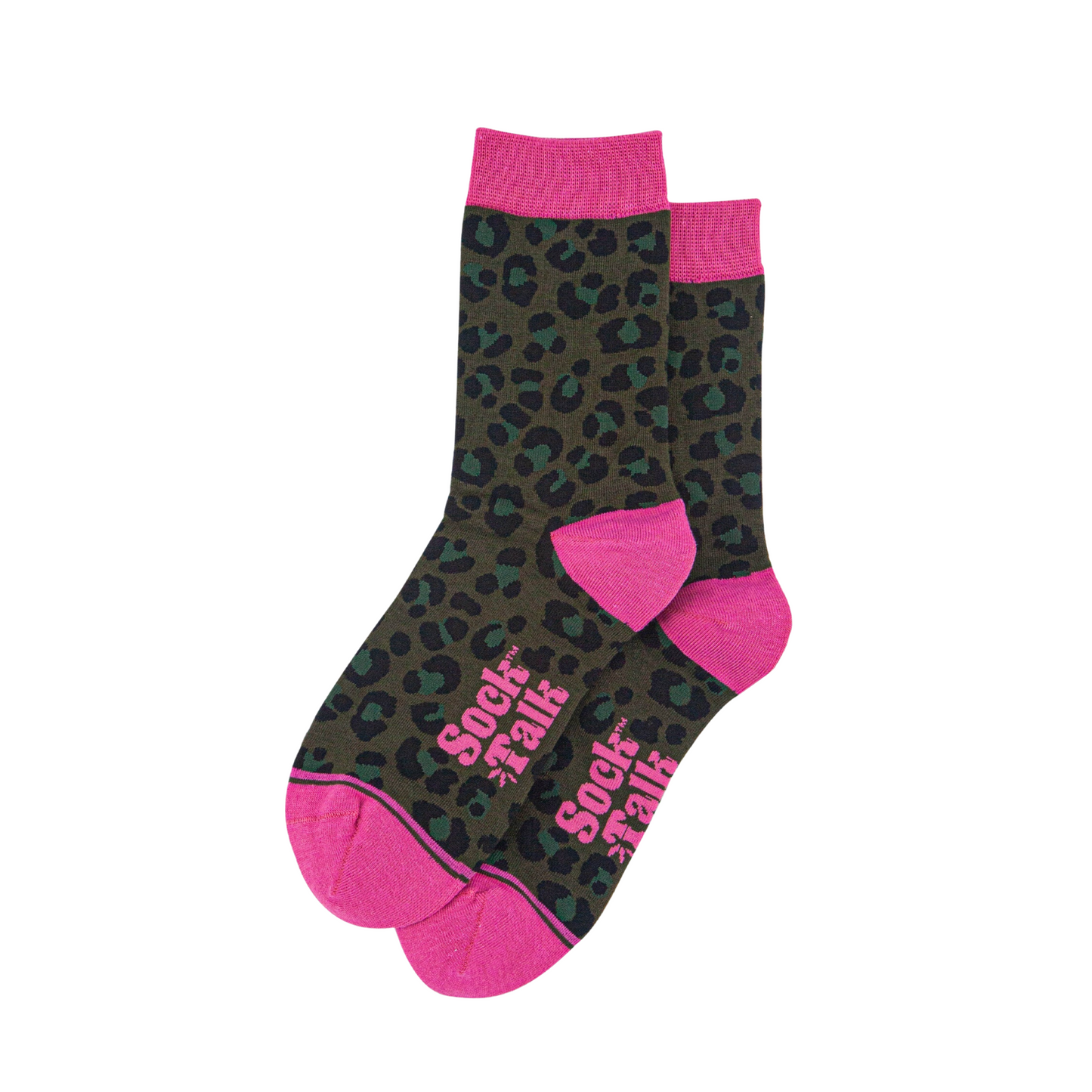 Sock it to me socks with leopard print and pink accents on a white background