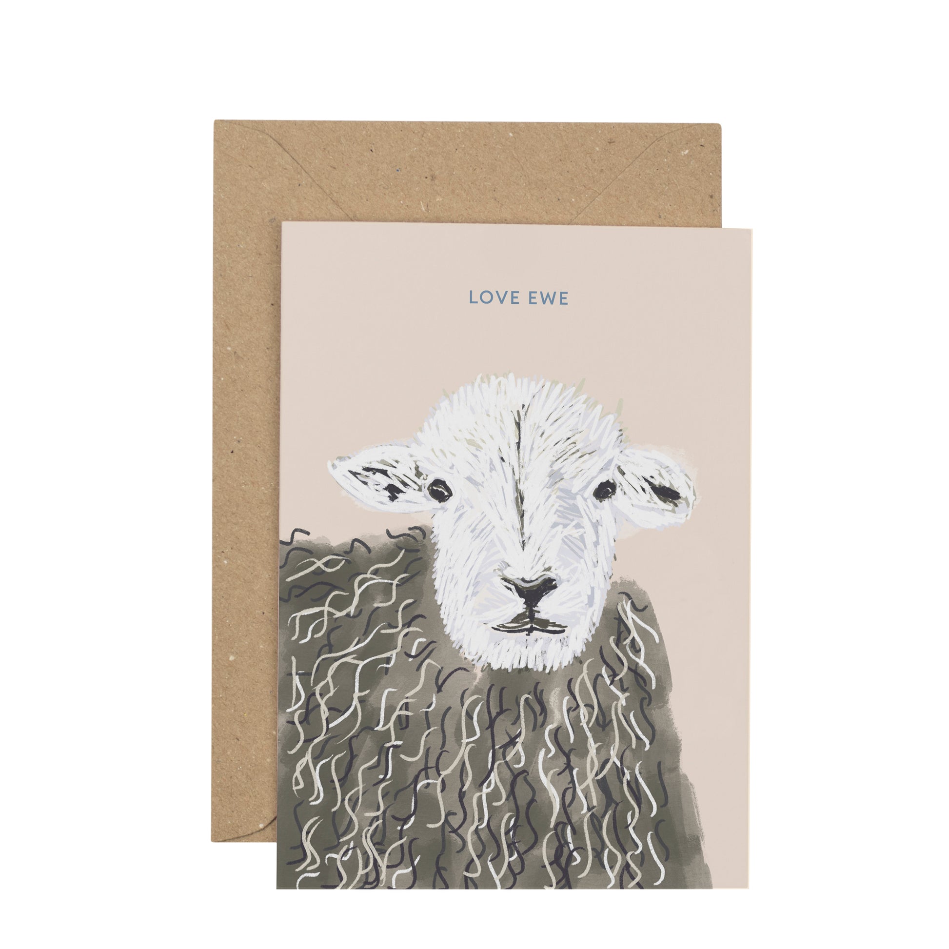Greeting card with a sheep illustration and 'Love Ewe' text on a beige background