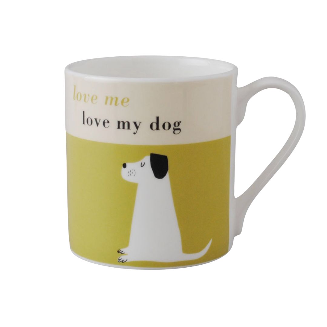 Mug with a dog illustration and text 'love me love my dog' on a white background