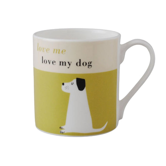 Mug with a dog illustration and text 'love me love my dog' on a white background