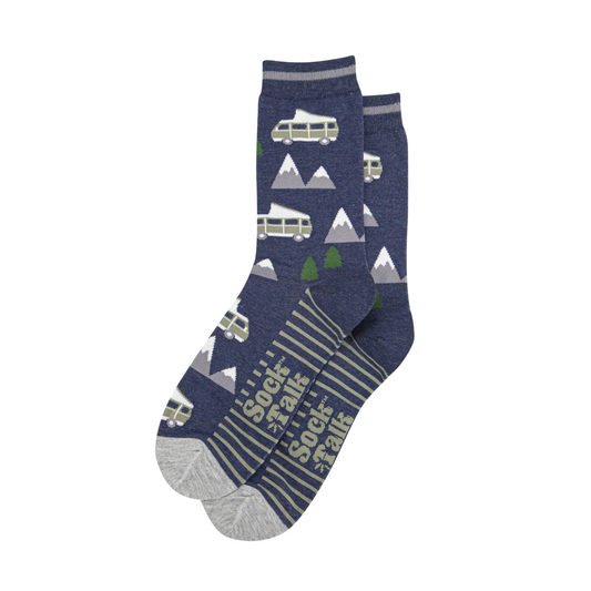 Blue sock with mountain and vehicle pattern on a white background