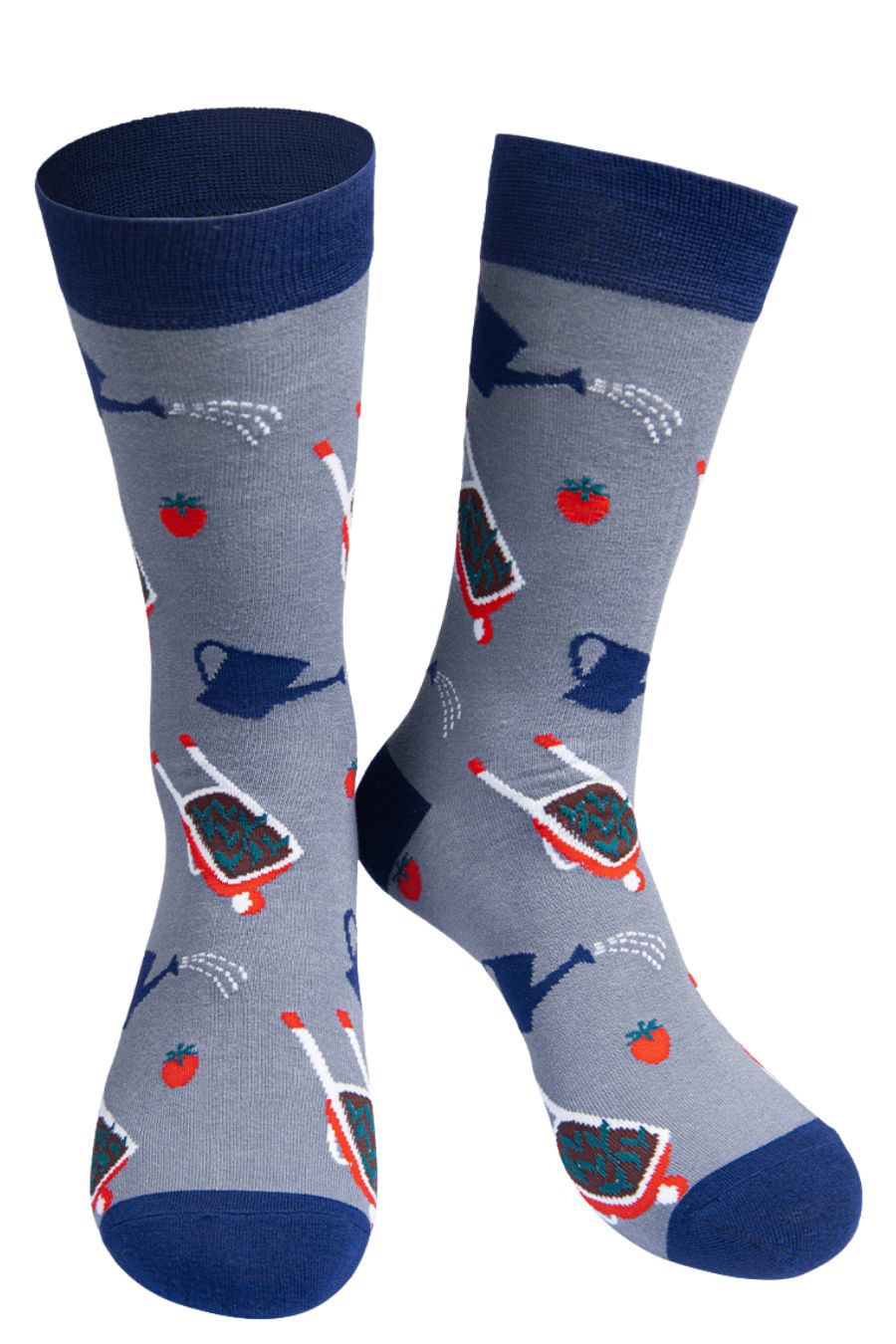 Grey socks with blue accents and red and green watering cans and wheelbarrows design