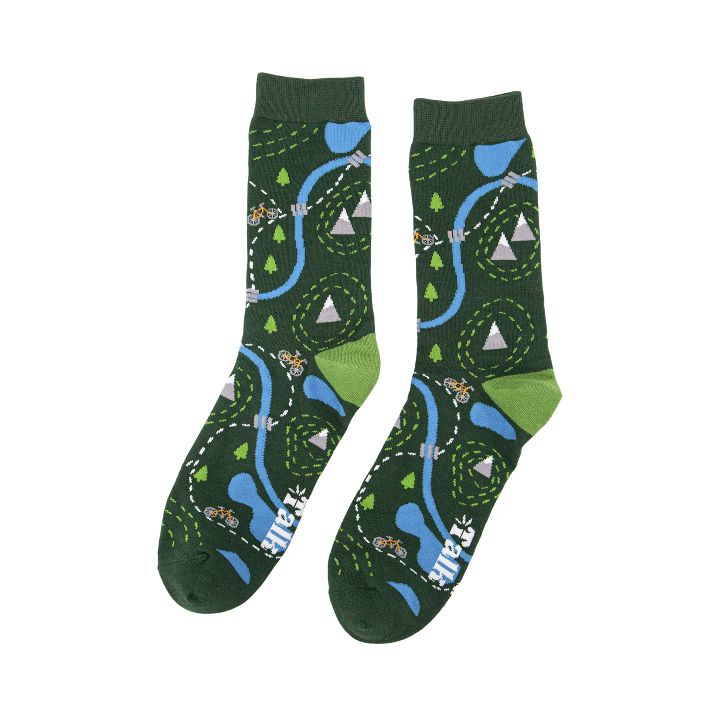 Pair of socks with nature-themed design on a white background