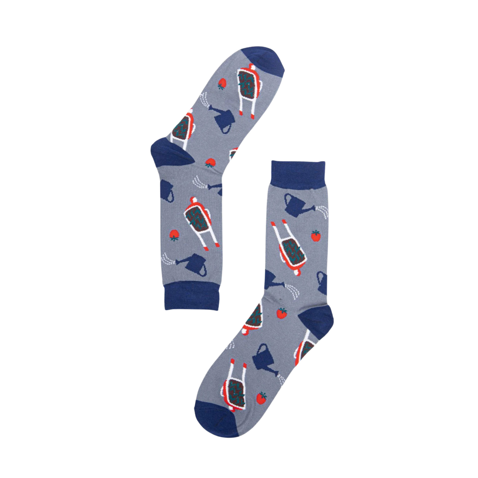 Grey socks with blue and red wheelbarrow pattern white background