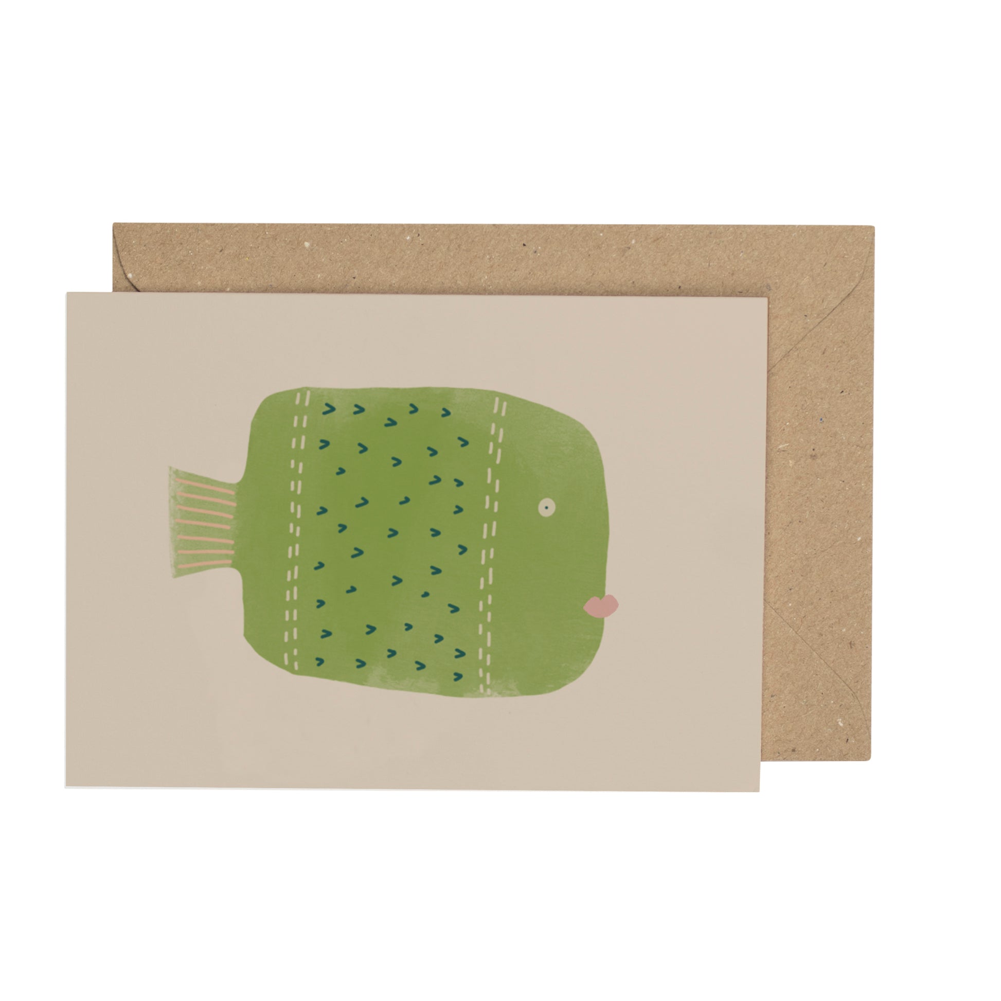 Card with green fish illustration on beige paper, brown envelope
