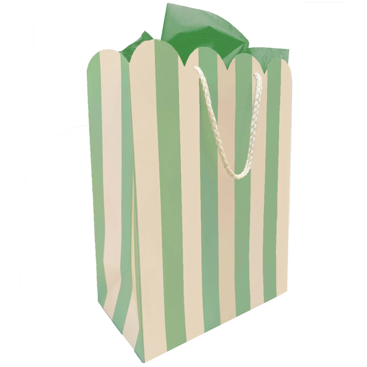 Green and beige striped paper bag on a white background
