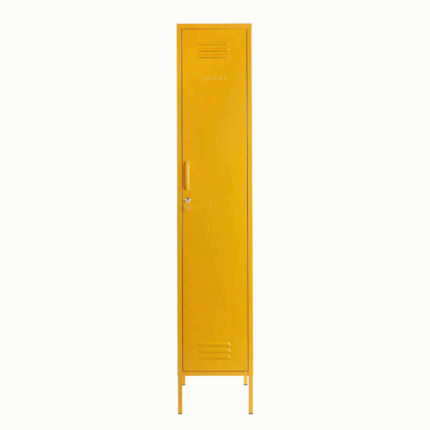 A single tall yellow metal locker with a lockable door, ventilation slots, and small legs, shown against a plain white background.