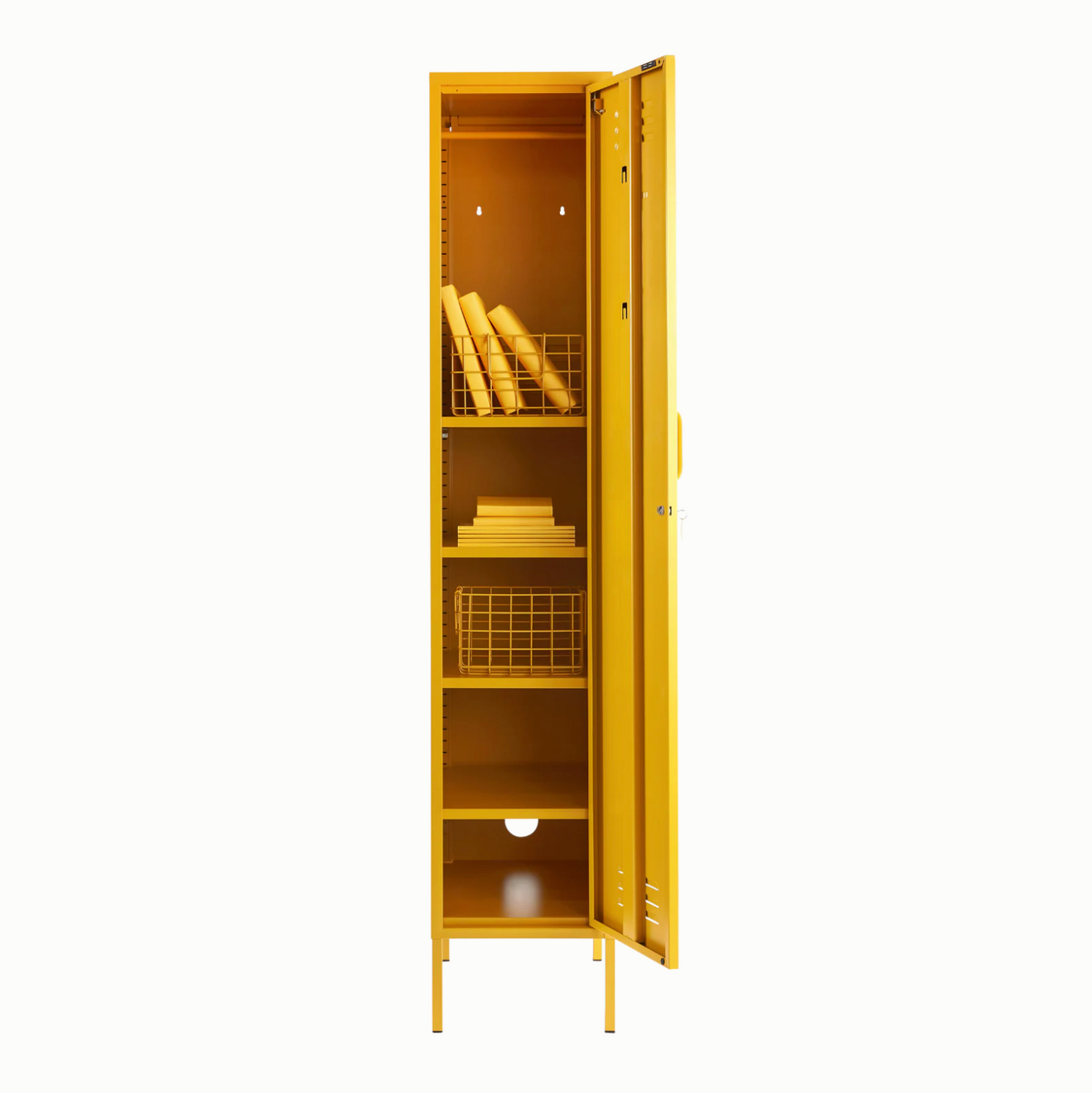 A yellow metal storage cabinet with one door open, showing shelves, wire baskets, and rolled papers inside, isolated on a white background.