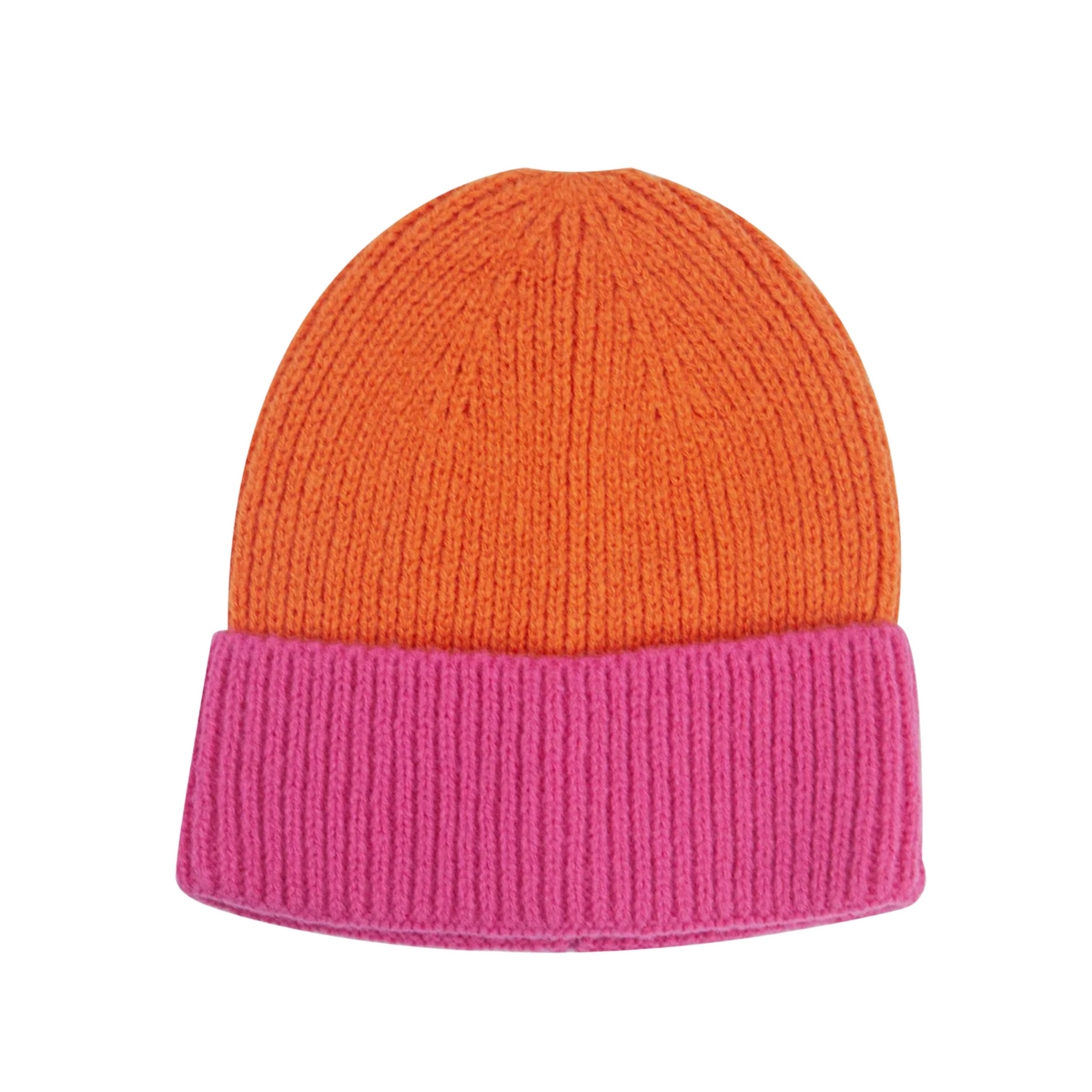 A ribbed knit beanie hat with a two-tone design, featuring a bright orange crown and a contrasting hot pink folded cuff, shown against a plain white background.