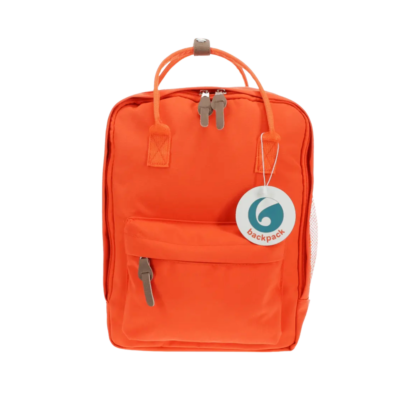 A bright orange Fjälän-style backpack with top handles, a front zip pocket, and a hanging circular tag, shown against a plain white background.