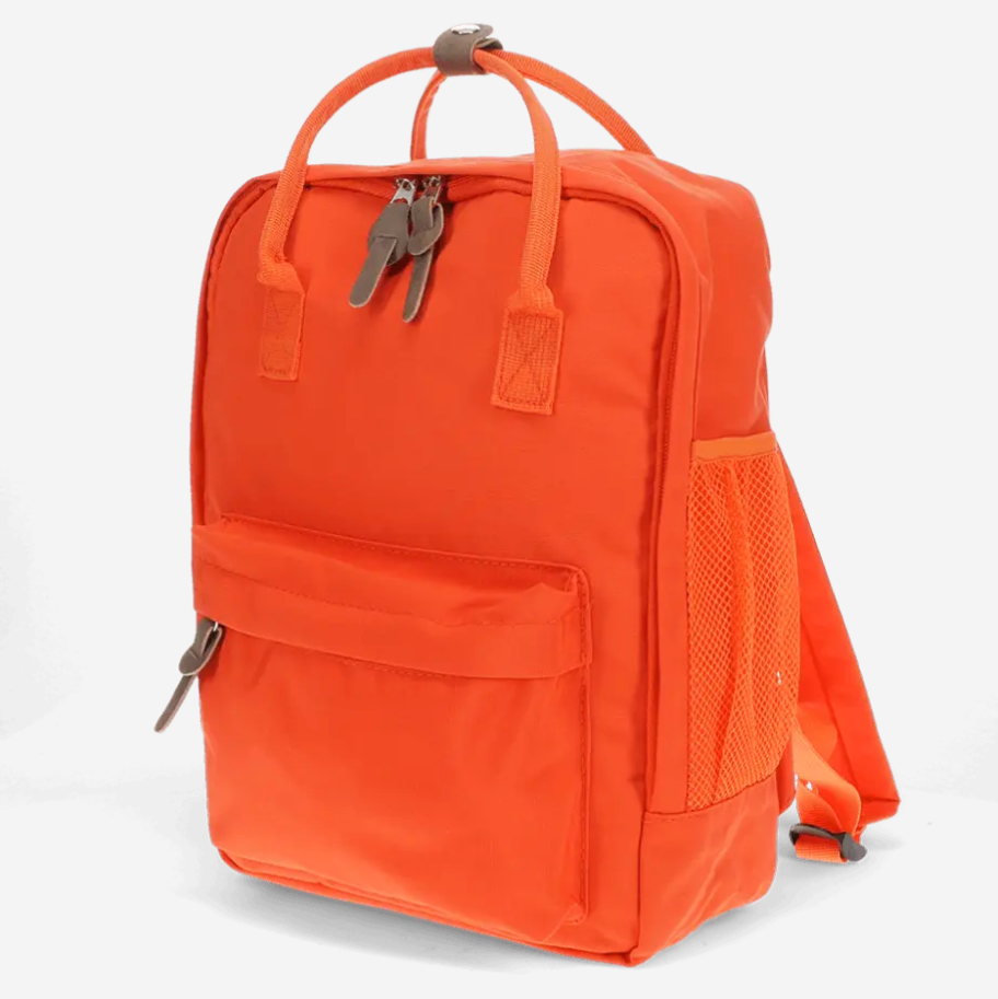 An orange backpack with dual top handles, a front zippered pocket, a side mesh pocket, and a key pouch, shown on a light gray background.