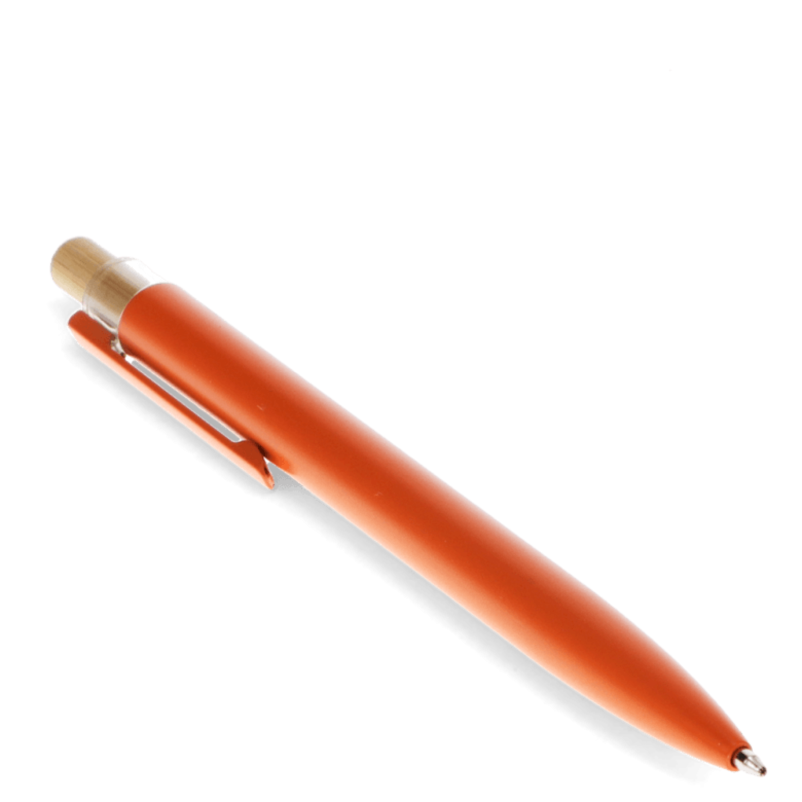 An orange retractable pen with a matching orange pocket clip and a light wood-toned end cap, shown diagonally on a white background.
