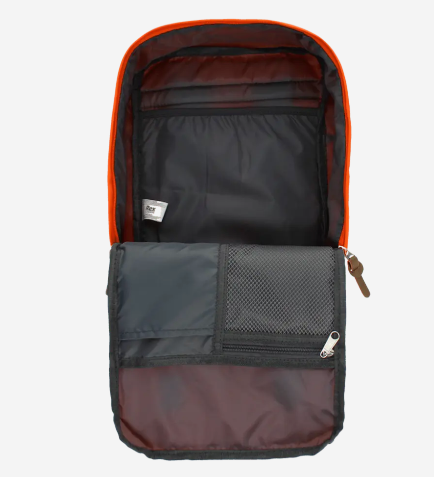 An open backpack showing its interior layout, featuring a dark gray main compartment, a front mesh pocket, a zippered slip pocket, and an orange inner lining on a light gray background.