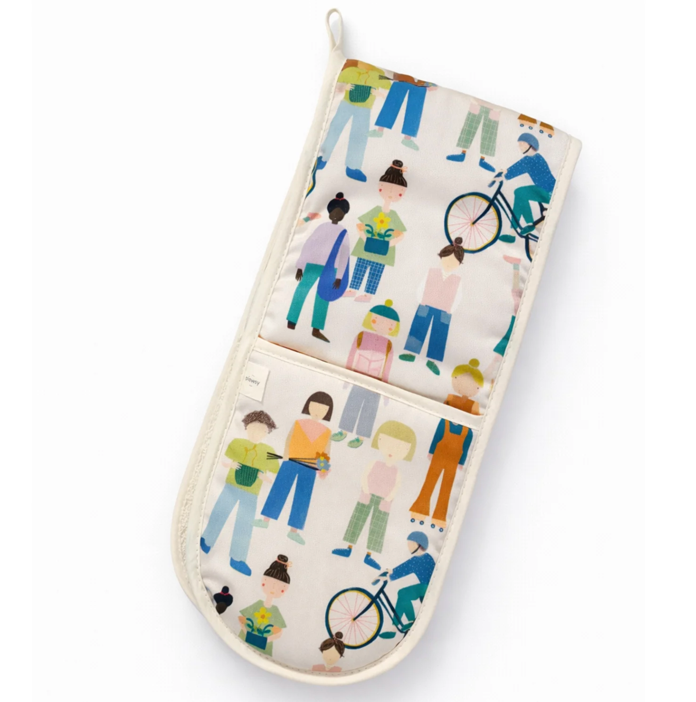 Oven mitt with colorful illustrations of people and bicycles on a white background