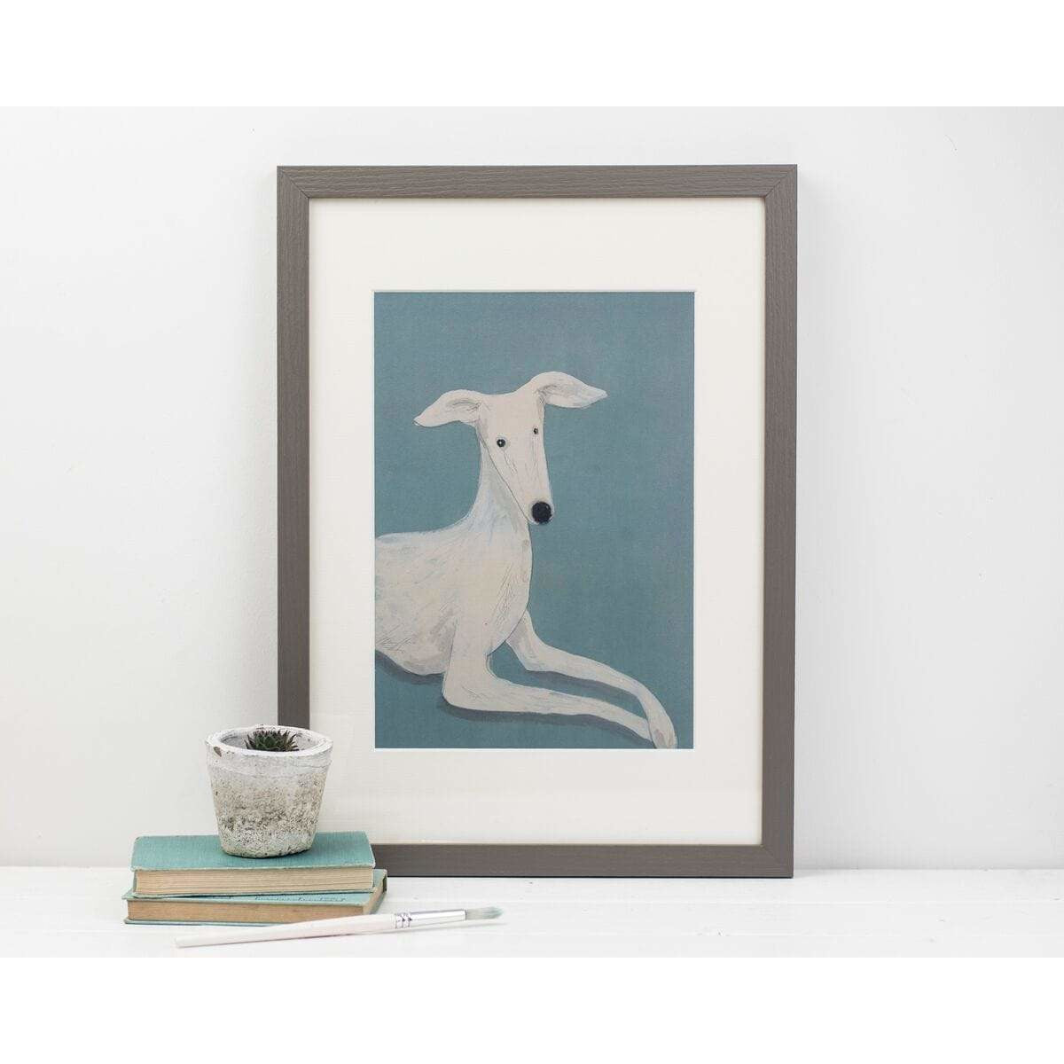 white dog on a blue background