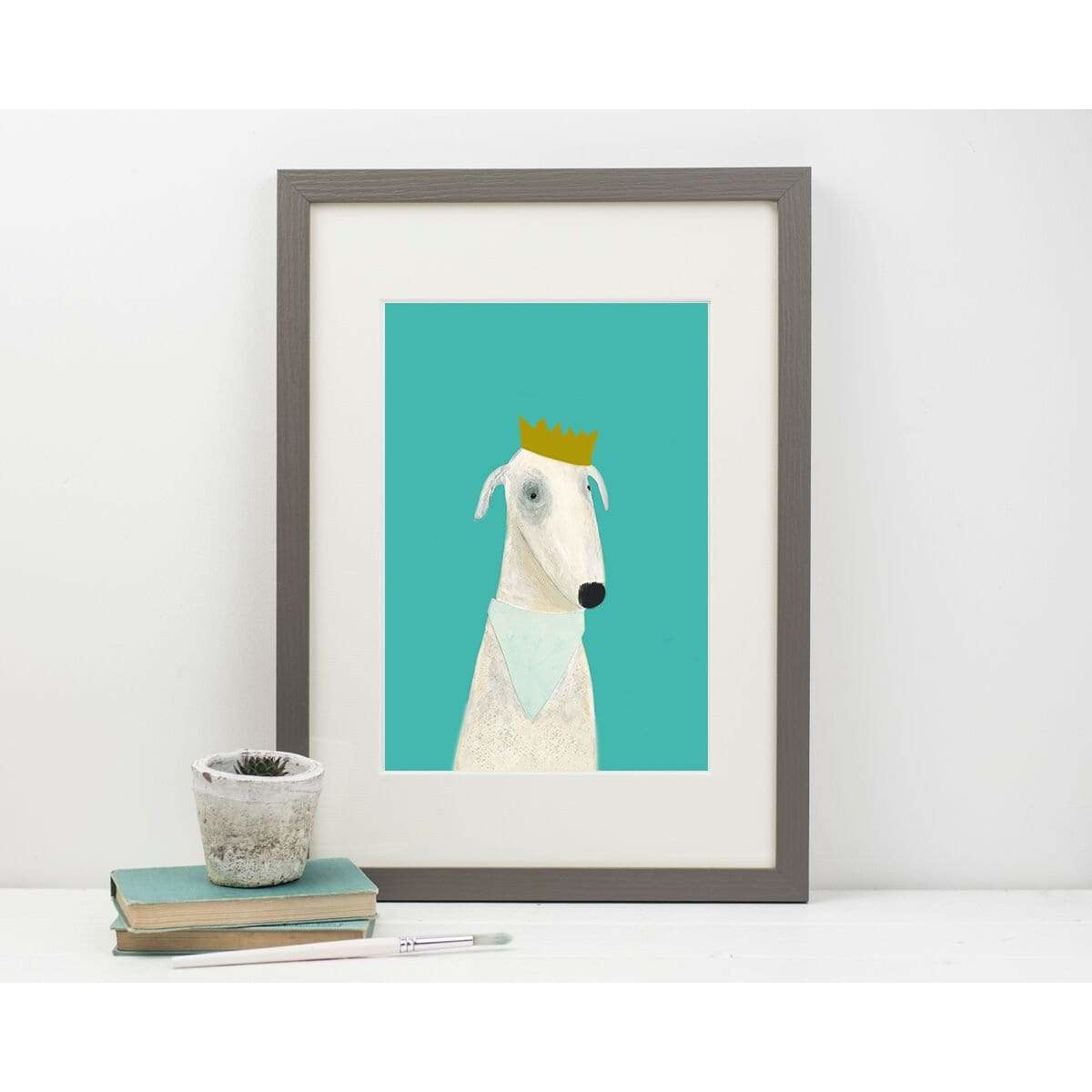 artwork of a dog with a crown on a turquoise background