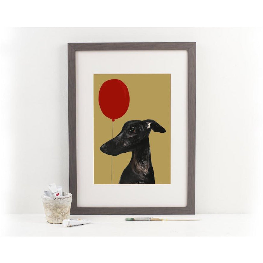artwork of a dog with a red balloon on a beige background