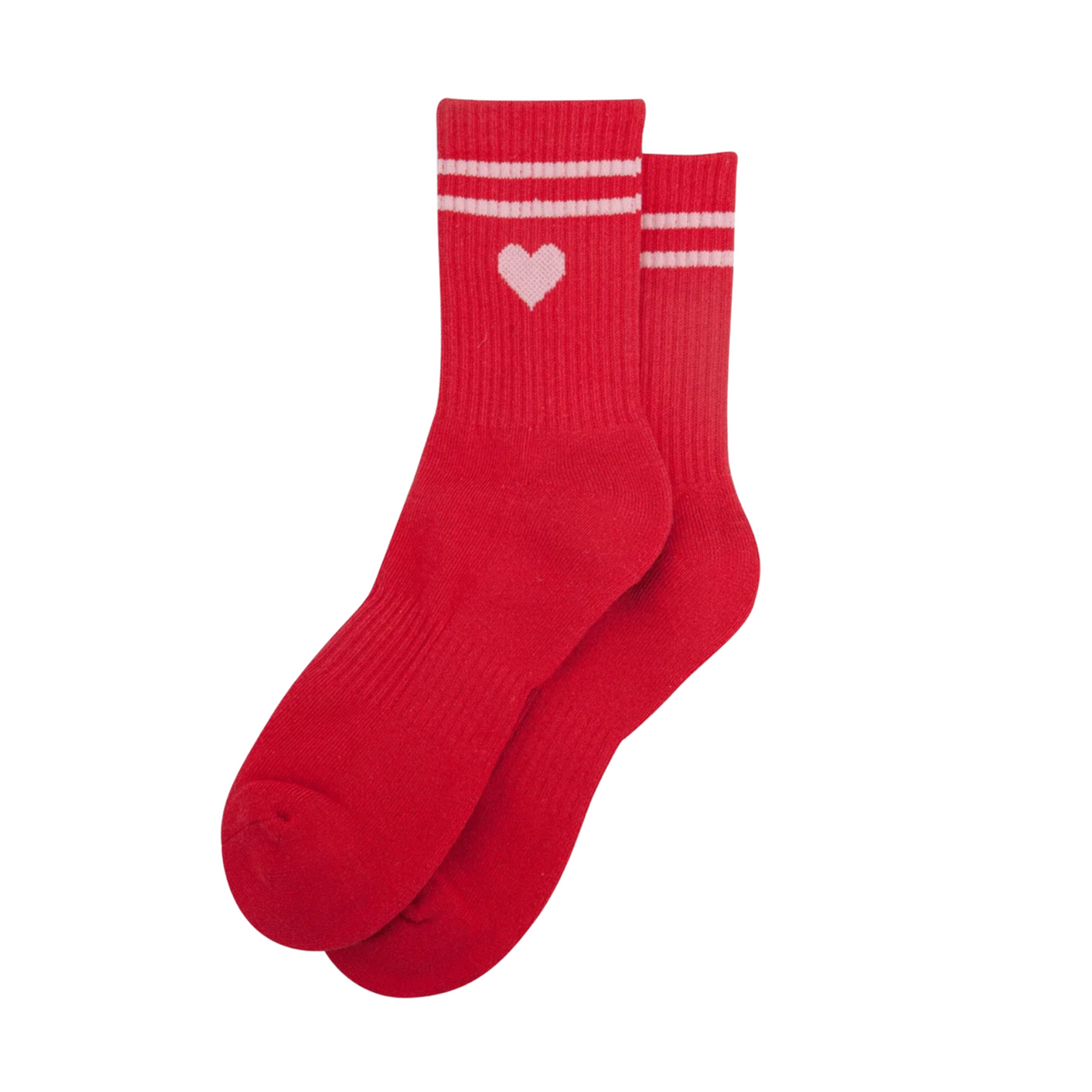 A pair of bright red crew socks with white stripes on the cuffs and a small white heart logo on the front sock, shown against a plain white background.