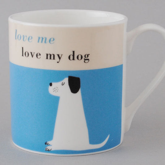 Mug with dog illustration and text 'love me love my dog' on a blue background