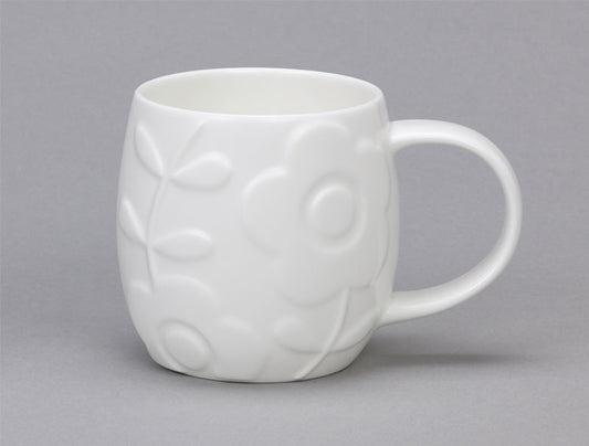 White bone china mug with embossed plum flower design