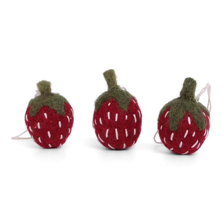 3 felted strawberries hanging decoration handmade by gry & Sif