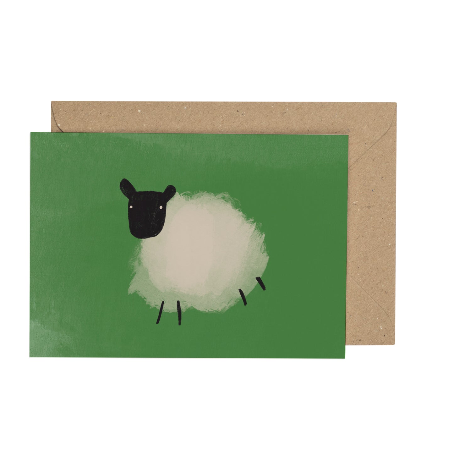 Card with a sheep illustration on a green background and brown envelope
