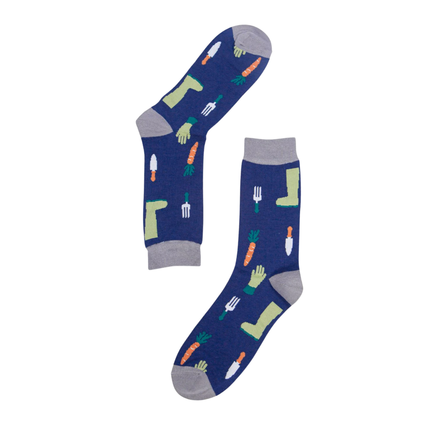 Pair of blue socks with gardening-themed design on a white background