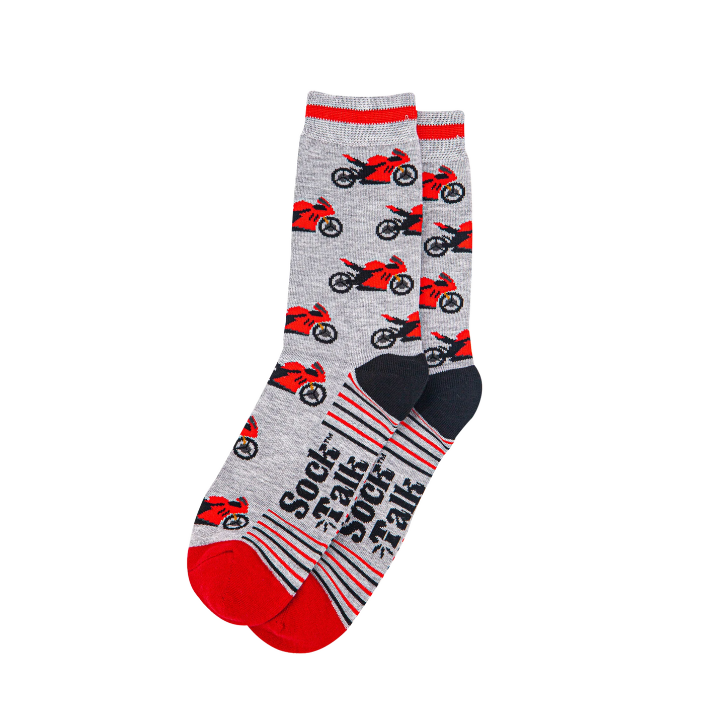 Gray socks with red and black motorcycle pattern on a white background