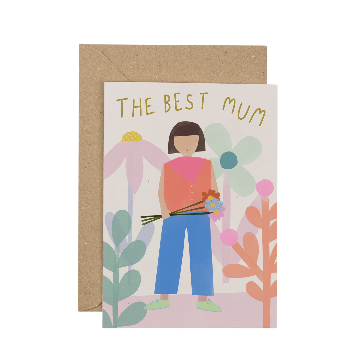 Greeting card with illustration of a woman holding flowers and text 'The Best Mum' on a white background.