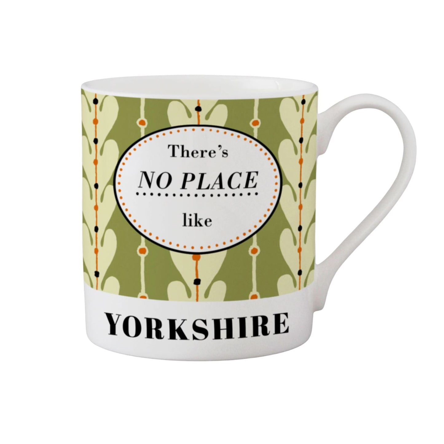 A white ceramic mug featuring a retro-style green and cream patterned wrap with a central white oval that reads 'There's NO PLACE like' and a white lower band with 'YORKSHIRE' in black text.
