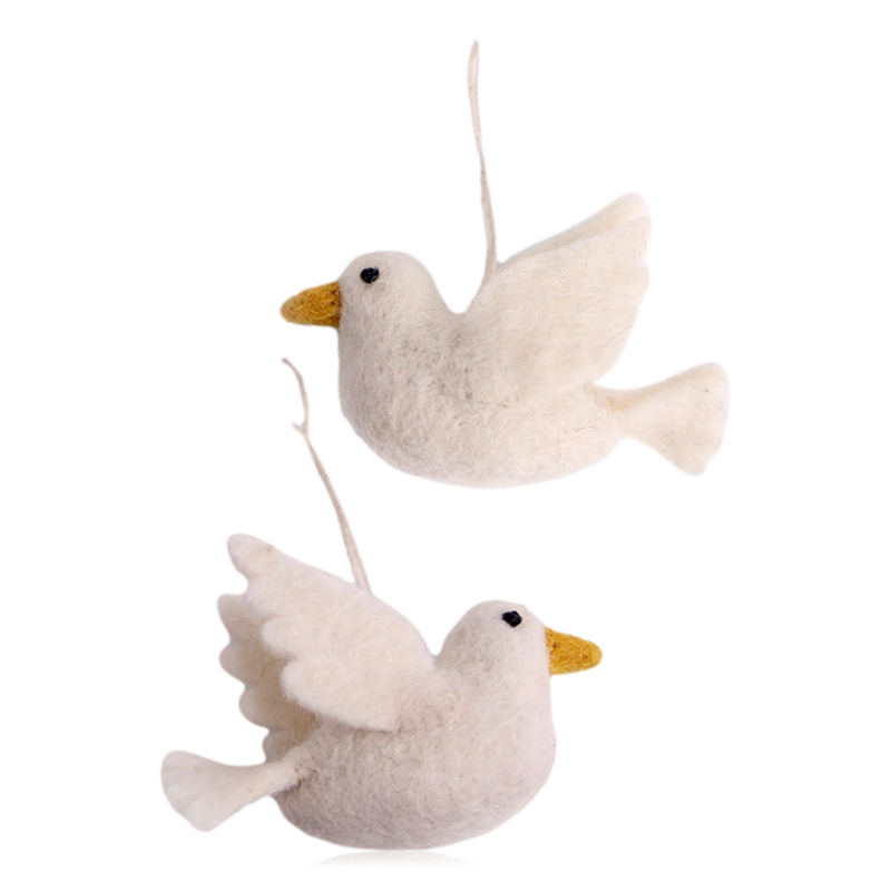 Two white felted wool bird ornaments shaped like doves in flight, each with a small yellow beak and a hanging loop, shown on a plain white background.