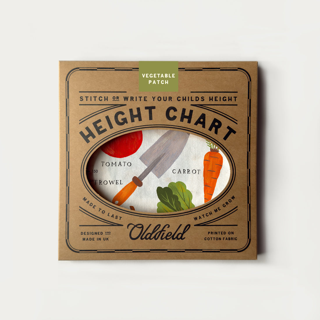 Height chart with gardening theme on a white background