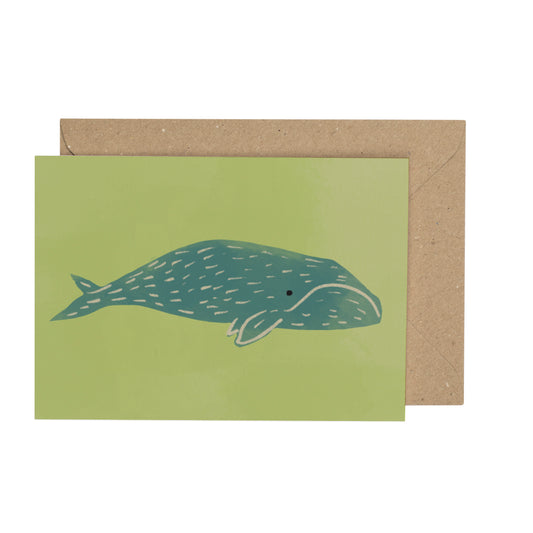 Card with whale illustration on green paper and brown envelope