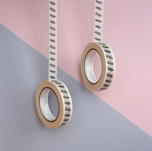 Two rolls of tape with black text on a pink and gray background