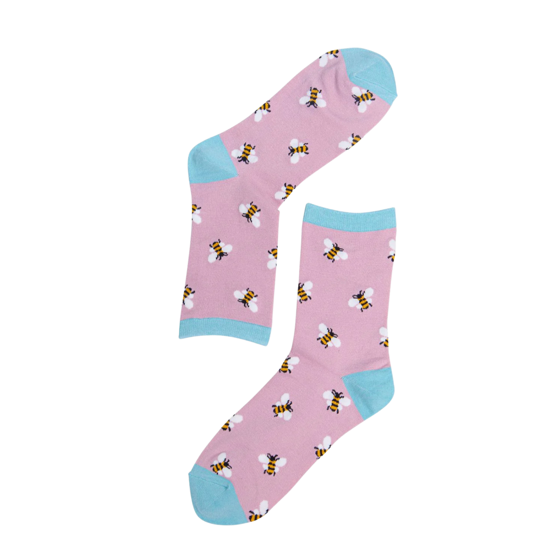 Pink socks with bee pattern and blue accents on a white background