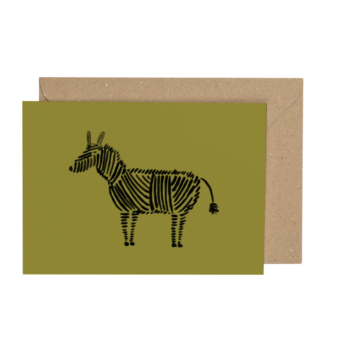 Greeting card with a zebra illustration on a green background, accompanied by a brown envelope.