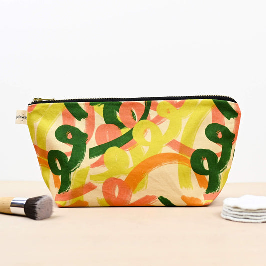 Cosmetic bag  colourful squiggle design Printed on sustainable cotton, with a high quality YKK brass zip and natural panama cotton lining.